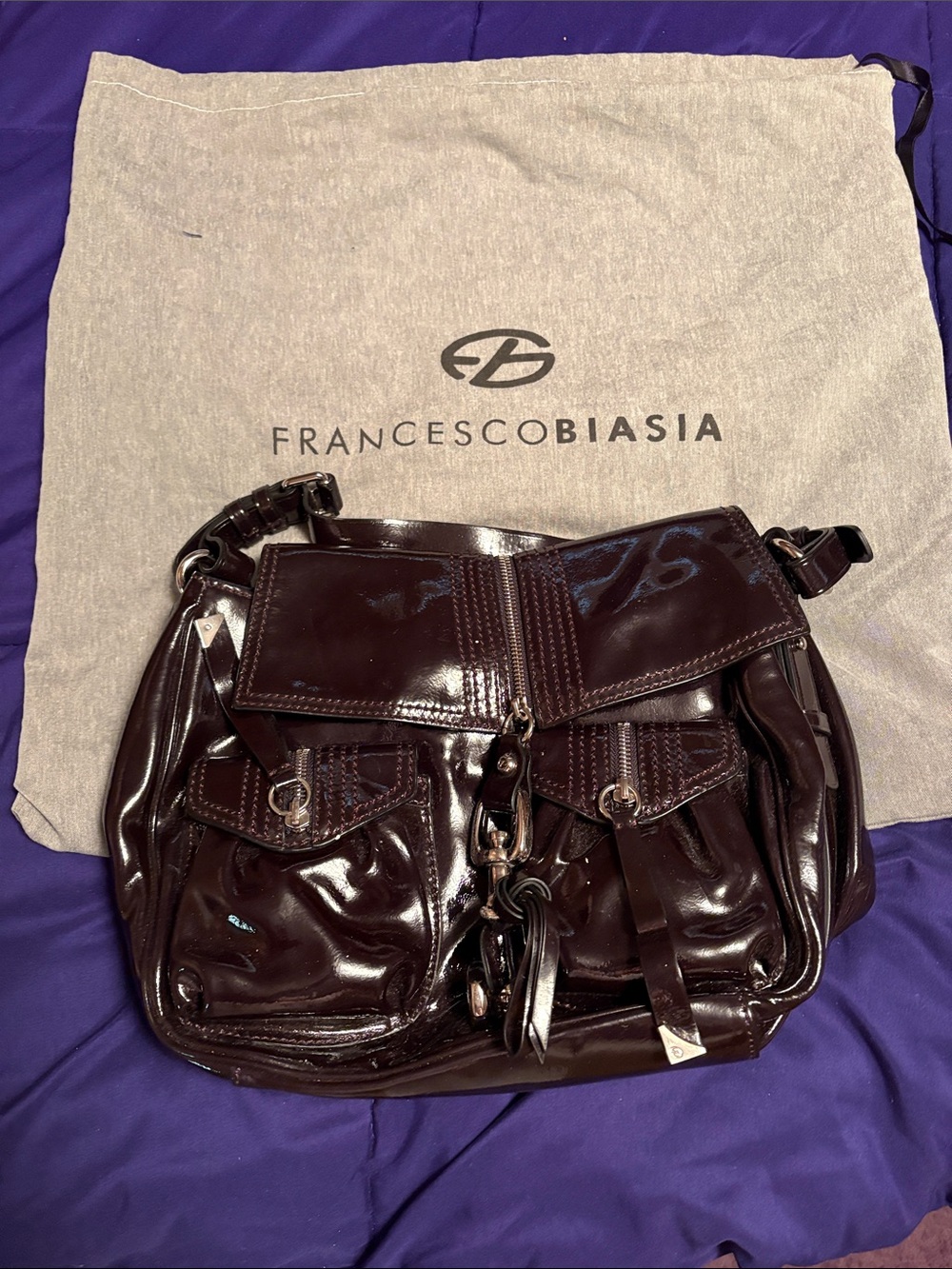 Francesco Biasia Patent Leather Shoulder Bag in Black